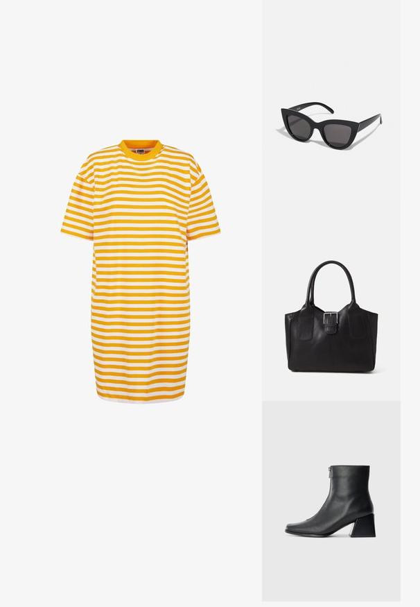 Randig klänning med kort ärm i växlande gula och vita horisontella ränder, med rund halsringning och en avslappnad passform.; Svart läderankelboot med fyrkantig tå, sidodragkedja och klack mot en enkel ljus bakgrund.; Svarta kattögon-solglasögon med matt yta, utrustade med gråtonade linser, skarpa vinklar och slanka sidobågar. Varumärket synligt på den inre bågen.; Svart läder tote-väska med slät yta, strukturerad form, två handtag och en framträdande silverfärgad spänne på framsidan.