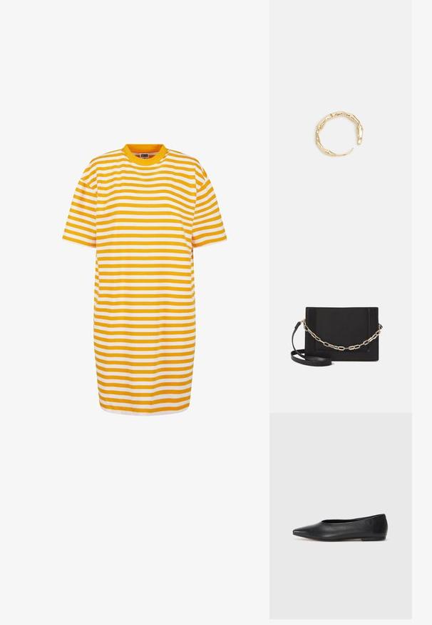 Ribaga lühikeste varrukatega kleit, millel vahelduvad kollased ja valged horisontaalsed triibud, ümmargune kaelus ja mugav lõige.; Musthave mustris balletkingad, terav nina, minimaliseeritud disain, sile pind, madal konts, ilma nähtava riistvara või kaunistusteta.; Mustast nahast õlakott, mis omab siledat tekstuuri, ristküliku kuju ning esiküljel metallketi detaili. Reguleeritav rihm on kaasas.; Kuldtoonis sõrmus, millel on orgaaniline, keerdunud disain sileda tekstuuri ja kitsenevate otstega, luues kaasaegse skulptuurilise välimuse.