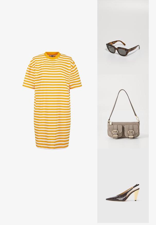 Sárga és fehér vízszintes csíkos, rövid ujjú ruha, kerek nyakkivágással és laza fazonnal.; Hegyes orrú slingback sarok sötétbarna, fényes mű krokodilbőrben. Aranyszínű geometrikus sarka és állítható bokapánt jellemzi.; Tortúra napszemüveg, szögletes kerettel és szürke lencsékkel. Fényes felülettel rendelkezik, és diszkrét logó látható a szárakon.; Beige textúrájú kézitáska állítható pánttal, két elülső zsebbel, amelyek csattal záródnak, és arany színű kiegészítőkkel. A tetején cipzáros záródás.