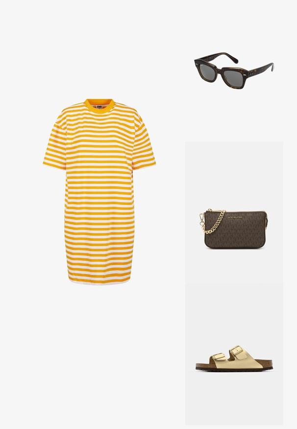Krótkodowy sukienka w paski z naprzemiennymi żółtymi i białymi poziomymi paskami, z okrągłym dekoltem i luźnym krojem.; Złote wegańskie skórzane sandały z dwoma regulowanymi paskami, korkową wkładką i ciemną gumową podeszwą. Gładka tekstura z metalicznym wykończeniem.; Prostokątne okulary słoneczne z oprawką z plastiku w stylu żółwia, ciemnymi soczewkami i srebrnymi akcentami po bokach. Wyprodukowano we Włoszech.; Brązowa skórzana torebka na ramię z wzorem logo, złotym łańcuszkiem na pasku, zapięciem na zamek błyskawiczny oraz złotymi akcentami. Kompaktowy i prostokątny kształt.