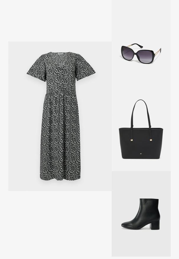 Schwarzes Midi-Kleid mit kurzen, schwingenden Ärmeln, das ein weißes abstraktes Muster aufweist, einen V-Ausschnitt hat und eine geraffte Taille für eine lockere Passform bietet.; Schwarze Leder-Ankle-Boots mit spitzem Zehenbereich und klobigem Absatz. Glatte Textur mit minimalen Akzenten und einem eleganten, taillierten Design.; Schwarze übergroße Sonnenbrille mit getönten Gläsern, dicken Rahmen und goldfarbener Kettendetaillierung an den Bügeln.; Schwarze Tragetasche aus synthetischem Material, mit einfachem rechteckigem Design, goldenen quadratischen Akzenten und doppelten Griffen.