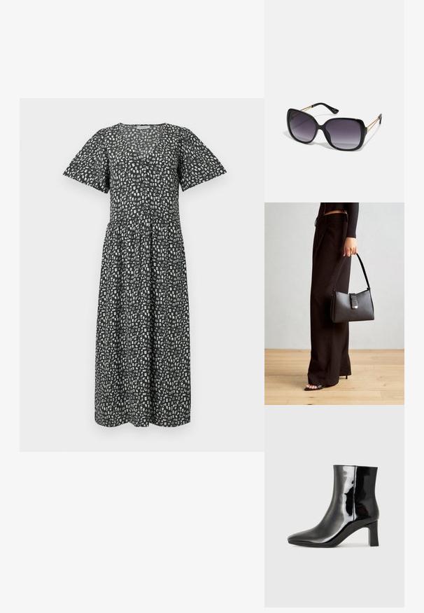 Black midi dress with short flutter sleeves, featuring a white abstract pattern, V-neckline, and gathered waist for a relaxed fit.; Black patent leather ankle boot with a pointed toe and a mid-height block heel. Smooth texture and minimalist design.; Black oversized sunglasses with gradient lenses, thick frames, and gold-tone chain detailing on the temple arms.; Black handbag with structured shape, smooth texture, and a metallic clasp. Paired with wide black pants and open-toe sandals on wooden floor.