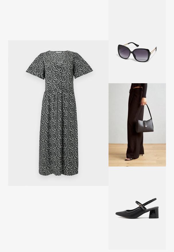 Rochie neagră midi cu mâneci scurte și volane, având un model abstract alb, decolteu în V și talie strânsă pentru un fit confortabil.; Cizme cu toc slingback din piele sintetică lacuită neagră, cu vârful ascuțit, un design cu decupaj rotunjit și toc bloc. Include un accent cu cataramă de culoare aurie.; Ochelari de soare negri, supradimensionați, cu lentile degradate, rame groase și detalii cu lanț de ton auriu pe brațele templului.; Genți negre cu o formă structurată, textură netedă și un închizător metalic. Asortată cu pantaloni negri largi și sandale cu vârf deschis pe un podea din lemn.