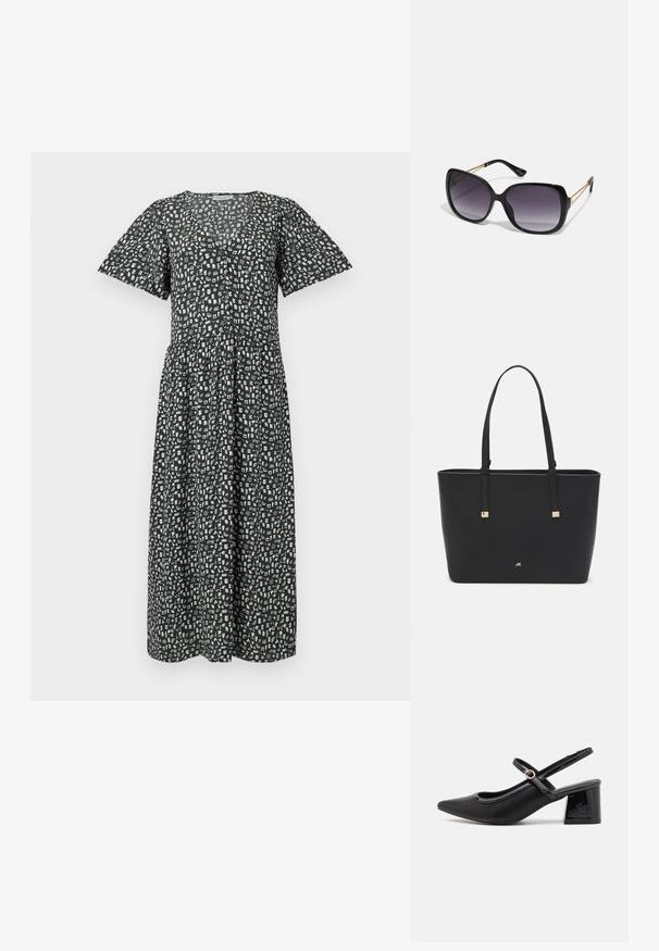 Black midi dress with short flutter sleeves, featuring a white abstract pattern, V-neckline, and gathered waist for a relaxed fit.; Black patent leather slingback heels with a pointed toe, a rounded cutout design, and a block heel. Features a gold-tone buckle accent.; Black oversized sunglasses with gradient lenses, thick frames, and gold-tone chain detailing on the temple arms.; Black tote bag made of synthetic material, featuring simple rectangular design, gold square accents, and double handles.