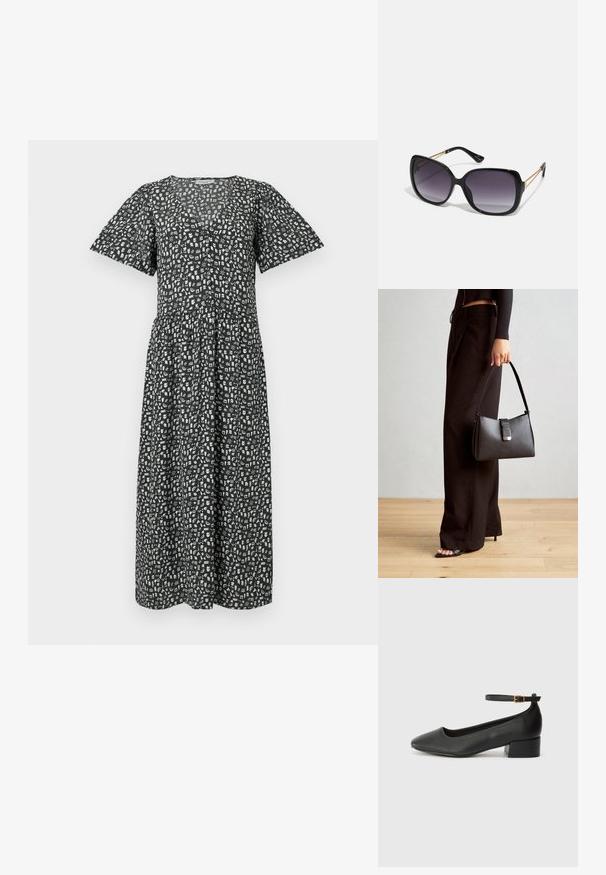 Crna midi haljina s kratkim lepršavim rukavima, koja ima bijeli apstraktni uzorak, V-izrez i nabrani struk za opušteni izgled.; Crne kožne pumpe s oštrim vrhom i niskom blok petom. Sadrže remen oko gležnja s zlatnim kopčanjem. Glatka tekstura.; Crne prevelike sunčane naočale s gradijentnim lećama, debelim okvirom i zlatnim lancem kao detaljem na krakovima.; Crna torba s oblikom koji sadrži strukturu, glađu teksturu i metalnu kopču. Uparena s širokim crnim hlačama i sandalama na otvorenom s drvenog poda.