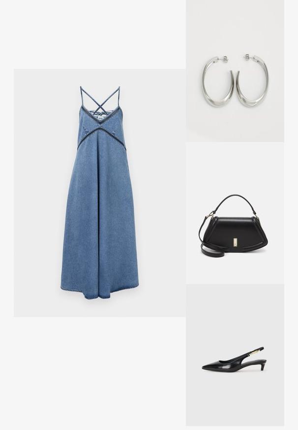 Vestido de denim con un corte relajado, featuring tirantes ajustables cruzados, un escote redondeado y un dobladillo que se ensancha ligeramente. Color azul con costuras de acento.; Tacones negros de piel sintética tipo slingback con punta afilada, que cuentan con un tacón delgado y un detalle en tono dorado en la correa ajustable. Textura suave.; Bolso de mano de cuero negro con un diseño estructurado, que presenta una forma recortada, asa superior y acentos en dorado. Correa de hombro ajustable incluida.; Pendientes de aro de plata con un diseño curvado y suave. Presentan un acabado metálico brillante y cierre de presión. Sin patrones ni acentos visibles.