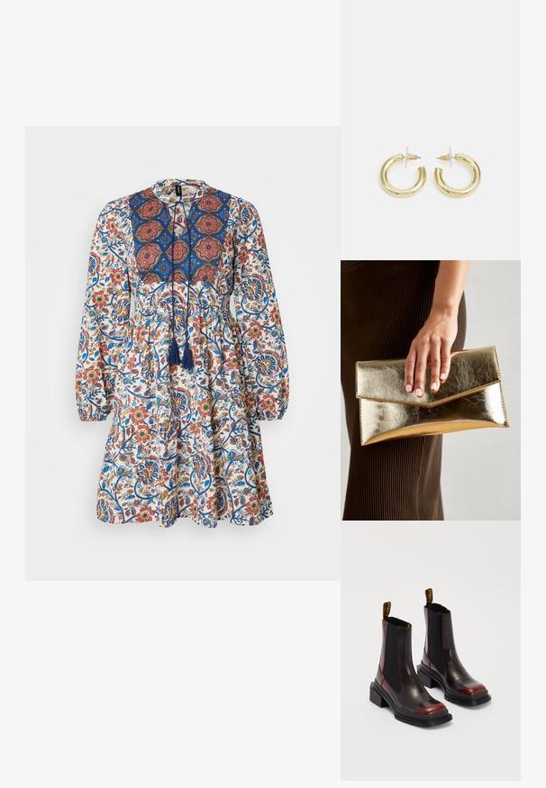 Vero Moda Petite VMSIS SHORT DRESS - Rochie de zi - bright white/blue boho; Dr. Martens MAYBOLE CHELSEA - Botine cu platformă - black/cherry red; Geantă de mână metalică aurie cu o textură netedă, având un închizător în formă de triunghi. Mâna care o ține are unghii frumos îngrijite.; Cercei cercuri din aur cu un finisaj neted și strălucitor. Design circular cu un mic suport și un spate transparent pentru o purtare sigură.