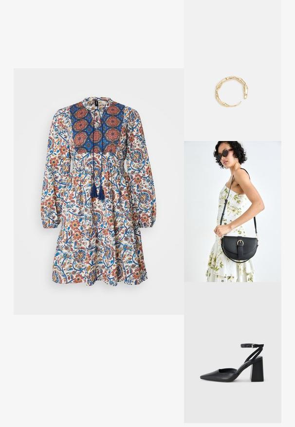 Vero Moda Petite VMSIS SHORT DRESS - Dienas kleita - bright white/blue boho; Melna ādas augstpapēžu kurpe ar norakstīto purngala formu, potītes siksniņu un masīlu papēdi. Gluda tekstūra, elegants dizains un minimālisma estētika.; Melnas ādas rokassoma ar izliekta formu, noņemamu siksnu un zelta aksesuāriem. Somai ir vāciņš ar sprādzes detaļu.; Zelta toņa gredzens ar organisku, vērptu dizainu, gludu virsmu un sašaurinātiem galiem, radot mūsdienīgu, skulpturālu izskatu.