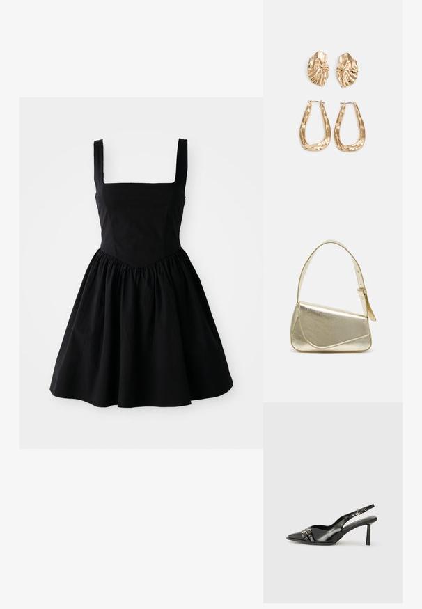 Vestido de algodão preto com decote quadrado, alças largas e saia franzida. Apresenta um corpete justo e uma silhueta fluida.; Sapato slingback preto em pele patentada com bico apontado, tiras no tornozelo apresentando fivelas e acessórios prateados, e um salto elegante.; Bolsa de mão metálica dourada com um design estruturado, textura suave e alça ajustável. Apresenta uma forma triangular única e costura minimalista.; Brincos em tom de ouro com formas onduladas e texturizadas. Inclui studs escultóricos com presilha e um design de argola aberta com um acabamento martelado.