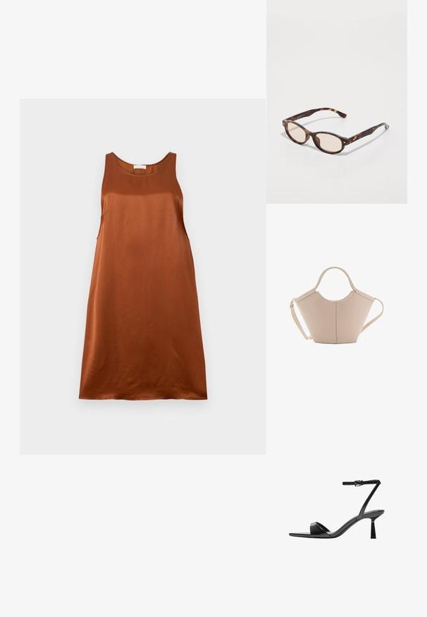 Rochie satinată maro fără mâneci, cu un decolteu rotund, croi lejer și textură netedă. Fără modele vizibile sau detalii metalice.; Bershka Sandale cu toc - black; Ochelari de soare bleoni cu un design rotund și lentile de nuanță deschisă. Au brațe rezistente cu mici accente de aur, fabricate din material plastic.; Geantă de mână bej din piele cu o formă unică, dotată cu două mânere scurte și o curea lungă ajustabilă. Textură netedă, cu hardware minim.