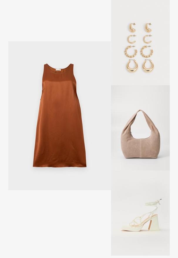 Rjava satenska brezrokavna obleka z okroglo izrezom, sproščenim krojem in gladko teksturo. Brez vidnih vzorcev ali kovinskih detajlov.; Bela sandala na visokih petah s debelim petam, ki ima obliko trakcev in vezanje okoli gležnja. Gladka tekstura z platformo spredaj za dodatno višino.; Hobo torba iz mehkega, usnjeno podobnega materiala v svetlo bež barvi. Ima okroglo obliko, širok trak in zadrgo.; Set petih zlatih uhans, ki vključuje različne modele: zvite, žlebaste in gladke površine v obliki obroča in polmeseca.