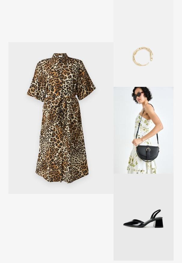 Laukinio katino rašto suknelė ruda, bežine ir juoda spalvomis. Pagaminta iš lygaus audinio, turi apykaklę, trumpas rankoves ir juosmens raištį.; Juodos lakuotos odinės šlepetės su smailiu pirštu ir geometriniu bloko kulnu. Turi elegantišką, minimalistinį dizainą ir lygų paviršių.; Juodas odinis krepšys su išlenkta forma, nuimamu dirželiu ir auksiniais detalėmis. Krepšys turi kilpą su sagtimi.; Auksinės spalvos žiedas, turintis organišką, sukimosi dizainą su lygiu paviršiumi ir siaurėjančiais galais, sukuriantis modernią skulptūrinę išvaizdą.