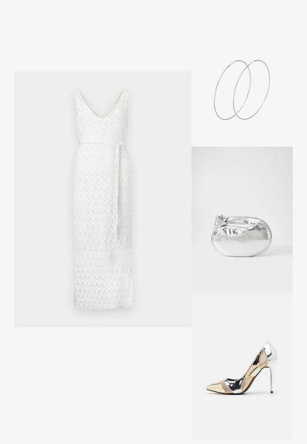 Vit ärmlös klänning med V-ringning, med ett strukturerat mönster av diamanter, figursytt midja och ett knytbälte. Slät tygfinish.; Spetsig tå högklackad sko med en färgpalett av silver, guld och nude. Glansig yta med utskärningsdesign, utrustad med en stilettklack.; Silverfärgad metallisk påse med en mjuk, rundad form och en knutstängning upptill. Tillverkad av ett mjukt material i konstläder.; Silverfärgade hoopörhängen med en minimalistisk design. Cirkulär form, slät yta och tunn profil. Lätta med en polerad finish.
