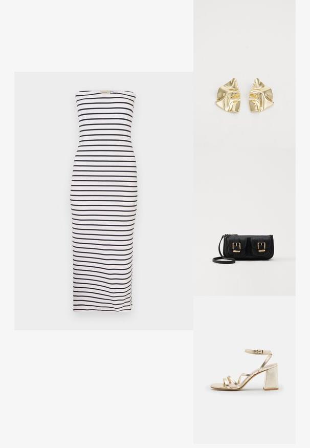Bezramenné, přiléhavé šaty v bílé barvě s černými vodorovnými pruhy. Mají rovný výstřih a boční rozparek pro snadný pohyb.; Zign LEATHER - Sandály na vysokém podpatku - gold; Černá kožená crossbody taška se dvěma předními kapsami, zlatými přezkami, zipovým uzávěrem a štíhlým popruhem. Texturovaný povrch a kompaktní obdélníkový tvar.; Zlaté kovové náušnice s vlnitým designem; hladký, lesklý povrch; asymetrický tvar; žádné viditelné vzory nebo hardware.