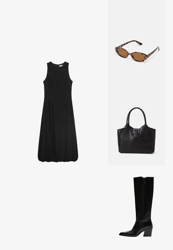 Black sleeveless dress featuring a fitted bodice and a flared, gathered skirt. Fabric appears smooth with subtle texture; zipper closure at back.; Black knee-high boots made of smooth leather, featuring a pointed toe, a block heel, and a V-shaped cutout at the top.; Tortoiseshell sunglasses with oval lenses, brown-tinted, thin arms featuring a textured pattern, lightweight plastic frame.; Black leather tote bag with smooth texture, structured shape, two handles, and a prominent silver buckle detail on the front.