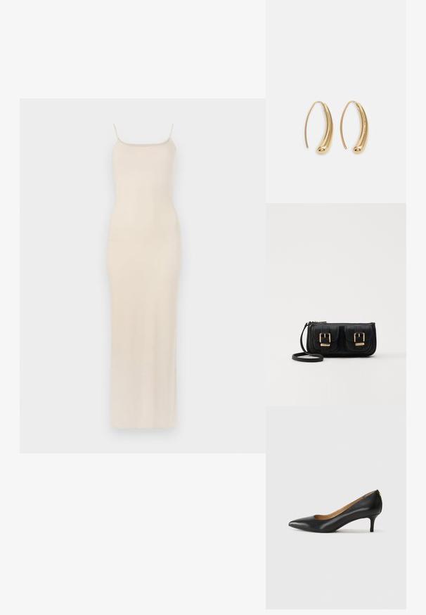 Šviesiai ruda satino maksi suknelė su plonomis petnešomis, prigludusia liemeniu ir tiesia siluetu, krentančiu iki kulkšnies. Glotni tekstūra, minimalus dizainas.; Juodos odinės aukštakulnės bateliai su smailiu nosiu, žemu kulnu ir lygiu paviršiumi. Priekyje yra nedidelis atvirumas, o gale minimalus apdaila.; Juodas odinis per petį nešiojamas krepšys su dviem priekiniais kišenėmis, auksiniais sagtimis, užtrauktuko uždarymu ir siauromis petnešomis. Textūruota paviršius ir kompaktiškas stačiakampis formatas.; Auksinės metalinės auskarų kabės su lenktą, pailgą forma. Turi lygų, blizgantį paviršių ir užapvalintą galiuką papildomam akcentui.
