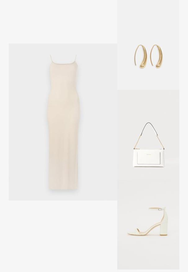Beżowa satynowa sukienka maxi z cienkimi ramiączkami, dopasowanym gorsetem i prostą sylwetką opadającą do kostek. Gładka faktura, minimalistyczny design.; Białe skórzane sandały na blokowym obcasie z paskiem wokół kostki z klamrą i minimalistycznym wzornictwem. Otwarty przód oraz gładkie tekstury na całej powierzchni.; Biała skórzana torebka o teksturowanym wykończeniu, z złotą łańcuszkową rączką i czarnymi akcentami. Zawiera przednią kieszeń oraz zamek błyskawiczny.; Złote metalowe kolczyki w kształcie obręczy o zakrzywionym, wydłużonym kształcie. Posiadają gładką, błyszczącą powierzchnię oraz zaokrąglony koniec dla dodatkowego efektu.