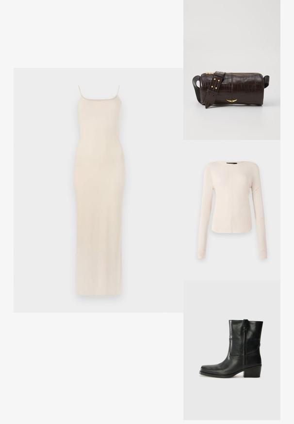 Beige Satin-Maxikleid mit dünnen Spaghettiträgern, tailliertem Oberteil und gerader Silhouette, die bis zum Knöchel fällt. Glatte Textur, minimalistisches Design.; Langärmliges, hellbeiges Oberteil mit rundem Ausschnitt. Aus weichem Stoff gefertigt, verfügt es über eine zentrale Naht und einen leicht geschwungenen Saum. Keine sichtbaren Beschläge.; Schwarze Leder-Ankle Boots mit runder Zehenform, Blockabsatz, seitlichem Reißverschluss und gestickten Akzenten auf dem Blatt. Glatte Textur, klassisches Design.; Braune, krokodilgeprägte Lederhandtasche mit zylindrischer Form, goldfarbener Hardware und einem abnehmbaren Tragegurt mit Nieten.