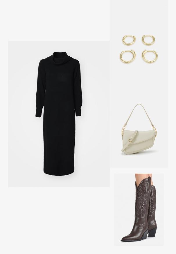 Vestido preto de malha com decote drapeado, mangas longas bufantes e punhos canelados. Comprimento midi, textura suave e padrão liso.; Botas de cowboy em couro castanho com bico pontudo e salto quadrado, apresentando costuras detalhadas e realces elevados no cano.; Pequena bolsa de creme com um acabamento texturizado, uma alça longa ajustável, um detalhe em corrente e um fecho de aba. Detalhes em hardware dourado.; Brincos em ouro, quatro peças, acabamento liso, design arredondado, tamanhos variados, com fecho articulado para fácil uso.