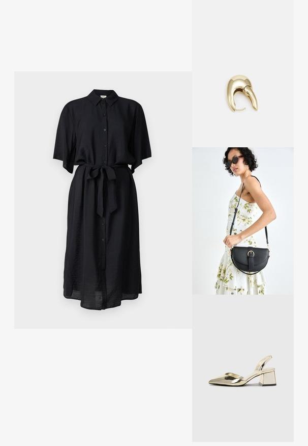 Crna košulja-haljina s kratkim rukavima, uže strukirano vezanje i ravna silueta. Napravljena od lagane tkanine s teksturiranim završetkom.; Zlatni metalik slingback sandali s šiljatim vrhom i debelim potpeticama. Glatka tekstura, minimalistički dizajn i uski remen.; Crna kožna torba s lukovitim oblikom, odvojivim remenom i zlatnim detaljima. Torba ima preklop s kopčom.; Zlatne metalne naušnice s elegantnim, zakrivljenim dizajnom. Imaju karakterističan šiljast oblik, poliranu površinu i zatvaranje na šarku.