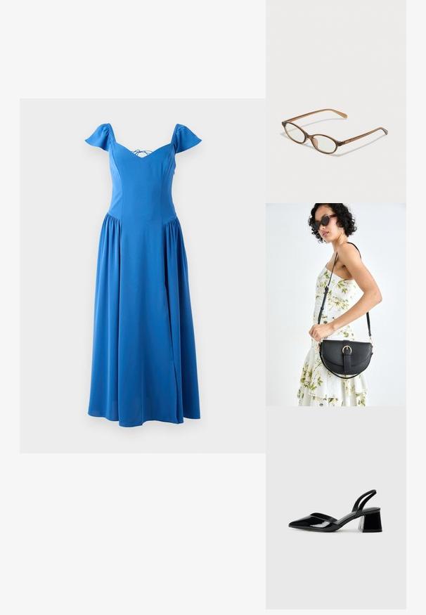 Vestido midi azul feito de tecido suave, com decote em V, mangas curtas bufantes e saia franzida com uma fenda lateral.; Sandy em verniz preto com salto slingback, ponta afilada e salto geométrico. Apresenta um design elegante e minimalista com textura suave.; Óculos tortoiseshell castanhos com lentes ovais, hastes finas e acabamentos transparentes. Apresenta um logótipo subtil na têmpora. Design elegante e leve.; Bolsa de couro preta com forma curva, alça destacável e detalhes em dourado. A bolsa possui uma aba com detalhe de fivela.