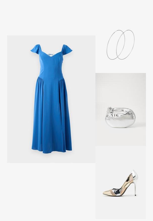 Blauwe midi-jurk van gladde stof, met een V-hals, korte pofmouwen en een gathered rok met een zijsplit.; Puntige hoge hak schoenen met een zilver, goud en nude kleurenschema. Glanzende afwerking met uitsnijdingen en een stiletto hak.; Zilveren metalen pouch bag met een zachte, afgeronde vorm en een geknoopte sluiting aan de bovenkant. Gemaakt van soepel faux leren materiaal.; Zilveren hoepel oorbellen met een minimalistisch ontwerp. Cirkelvormig, gladde textuur en dun profiel. Lichtgewicht met een gepolijste afwerking.