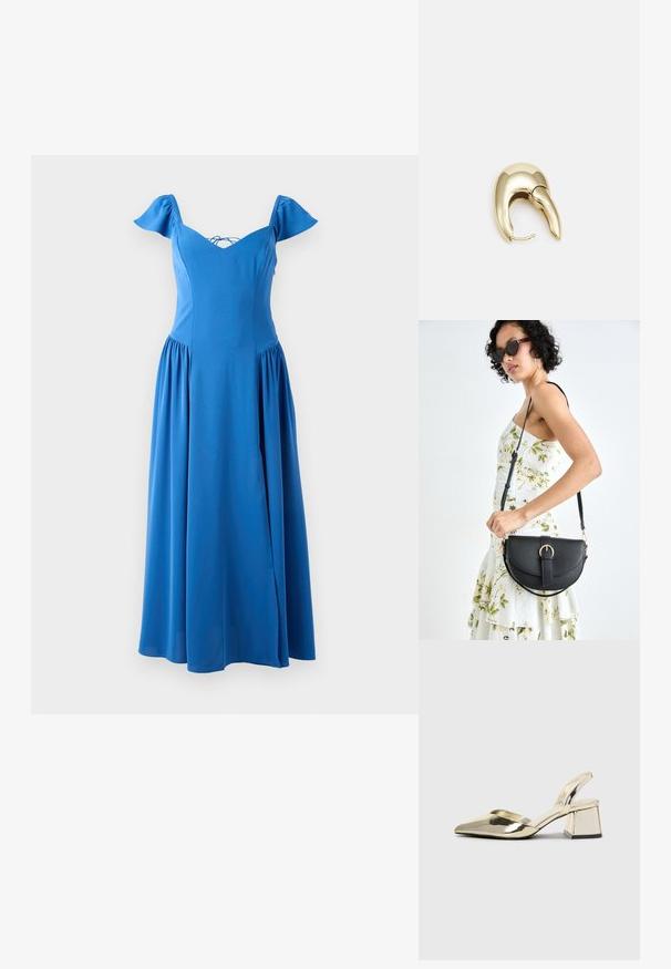 Kék midi ruha sima anyagból, V-kivágással, rövid puffos ujjakkal és oldalrésszel rendelkező ráncolt szoknyával.; Arany, fémből készült slingback sarkú cipők hegyes orral és vastag sarokkal. Simaság, minimalista design és keskeny pánt jellemzi.; Fekete bőrtáska ívelt formával, levehető pánttal és arany színű fémrészekkel. A táskán egy csattal díszített fedél található.; Aranyszínű fém fülbevaló, elegáns, ívelt formával. Különleges hegyes alak, fényes felszín és zsanéros záródás jellemzi.