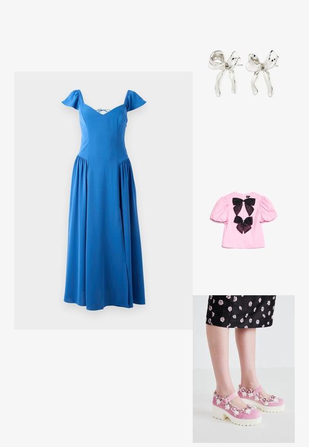Blauwe midi-jurk van gladde stof, met een V-hals, korte pofmouwen en een gathered rok met een zijsplit.; Roze blouse met korte mouwen en puffmouwen, versierd met twee grote zwarte strikken aan de voorkant in het midden, elk met een kleine decoratieve edelsteen.; Roze fluwelen Mary Jane-schoenen met witte platformzolen, versierd met bloemapplicaties en kantdetails rondom de opening en de enkelband.; Zilveren oorringen in de vorm van een boog met een gepolijste afwerking. Kenmerken zijn onder andere een textuur op het oppervlak en een gebogen ontwerp, met een bevestiging achterop.