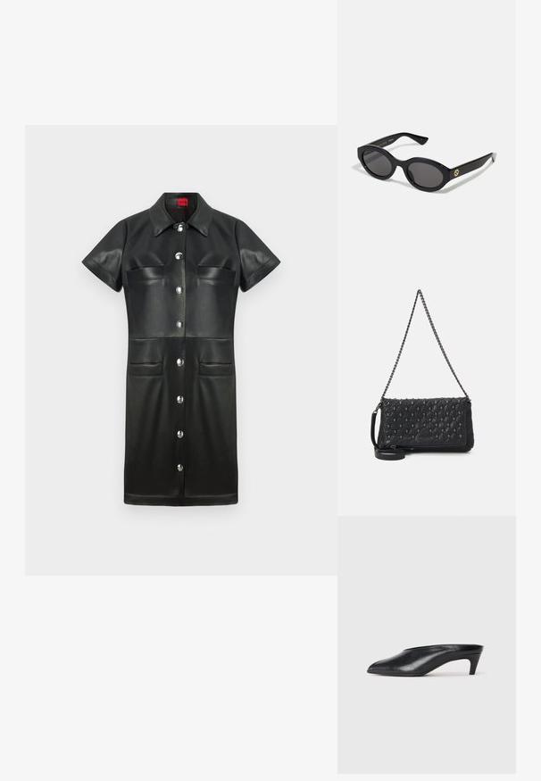 Zwarte leren jurk met korte mouwen, kraag, knopen aan de voorkant en twee borstzakken. Kenmerken zijn zilverkleurige hardware en een gladde textuur.; Zwarte leren muiltjes met een taps toelopende neus, lage hak en een gladde textuur. Minimalistisch ontwerp zonder zichtbare bevestigingsmiddelen of patronen.; Zwarte ovale zonnebril met donkere glazen en een glanzend kunststof frame. Heeft een gouden logo op de poot, dat een strakke en moderne uitstraling biedt.; Zwarte gewatteerde leren tas met een kettinghengsel, voorzien van schedelaccenten en een ritssluiting. Getextureerd oppervlak met een glanzende afwerking.