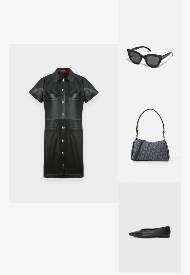 Fekete bőrdressz rövid ujjakkal, gallérral, gombos elülső résszel és két mellel ellátott zsebbel. Ezüst kiegészítőkkel és sima textúrával rendelkezik.; Fekete bőr balettcipő, hegyes orral, minimalista dizájn, sima textúra, alacsony sarkú, látható fémrész vagy díszítés nélkül.; Fekete macskaszem napszemüveg matt felülettel, szürke árnyalatú lencsékkel, éles vonalakkal és karcsú oldalsó karokkal. A márkaneve látható a belső karon.; Kék, mintás, szövetből készült kézitáska, ívelt formával, fekete bőr pánttal és világosabb árnyalatú logóval.