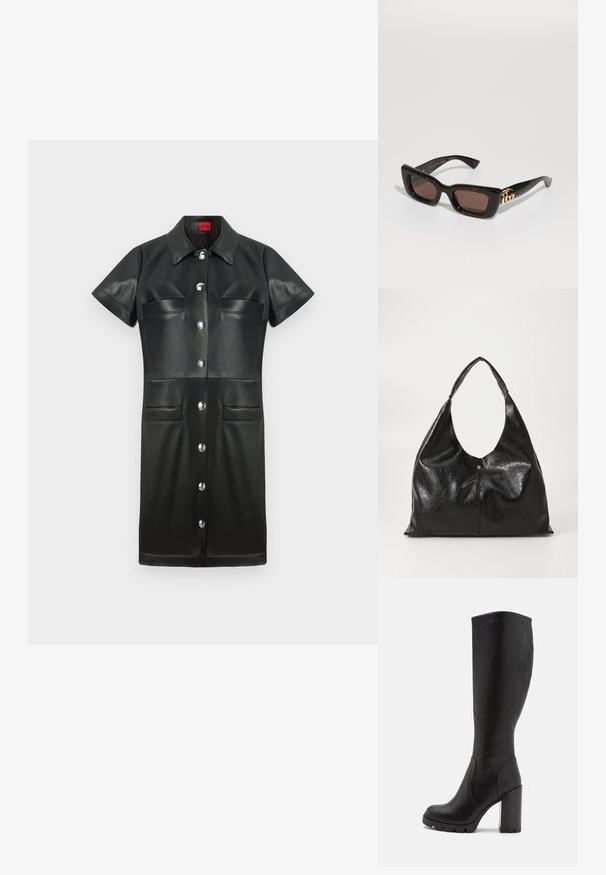Czarna skórzana sukienka z krótkimi rękawami, kołnierzykiem, zapięciem na guziki z przodu oraz dwiema kieszeniami na piersiach. Posiada srebrne dodatki i gładką teksturę.; Czarne kozaki do kolan wykonane z gładkiego materiału, z masywnym blokowym obcasem, zaokrąglonym noskiem i subtelnymi detalami szewskimi.; Czarne okulary przeciwsłoneczne w kolorze tortoise z prostokątnymi soczewkami, brązowym zabarwieniem, grubą oprawką i złotym logo podwójnego G na zauszniku.; Czarna skórzana torba hobo o gładkiej, błyszczącej fakturze, z szerokim, zaokrąglonym uchwytem oraz subtelnym fałdem z przodu i metalowym zapięciem na zatrzask.; Złocone kolczyki w kształcie kół z zewnętrzną krawędzią pokrytą wzorem w muszki, charakteryzujące się gładkim wykończeniem i eleganckim, okrągłym kształtem.