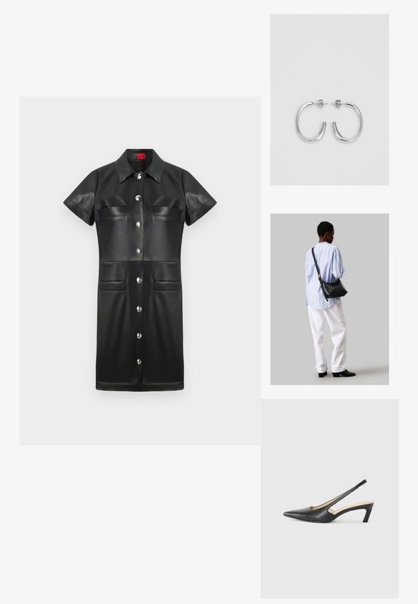 Melnas ādas kleita ar īsām piedurknēm, apkakli, pogu priekšpusi un divām krūšu kabatām. Ar sudraba detalizējumiem un gludu tekstūru.; Melna, ar smailu purngalu, slingback kurpe ar zemu papēdi, izgatavota no gludas ādas materiāla un ar izgriezumiem sānos gaisa caurlaidībai.; Melna ādas plecu soma ar mīkstu tekstūru, trīsstūra formu un regulējamu siksnu, apvienota ar gaiši zilu svītrotu krekli un baltām biksēm.; Sudraba riņķveida auskari ar gludu, spīdīgu apdari. Apaļas formas, viegla dizaina, ar aizdari uz stieples.