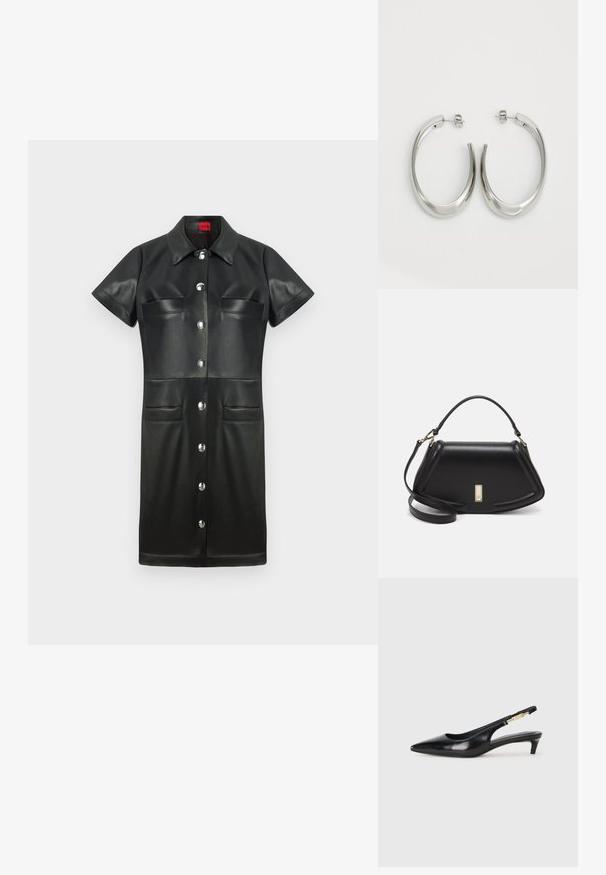 Černé kožené šaty s krátkým rukávem, límečkem, zapínáním na knoflíky a dvěma prsními kapsami. Disponují stříbrnými doplňky a hladkým povrchem.; Černé kožené boty na podpatku s otevřenou patou a špičatou špičkou, s tenkým podpatkem a zlatým akcentem na nastavitelném pásku. Hladký povrch.; Černá kožená kabelka se strukturovaným designem, jejíž tvar je zkrácený, má horní rukojeť a zlaté kovové detaily. Součástí je i nastavitelný ramenní popruh.; Stříbrné kruhové náušnice s hladkým, zakřiveným designem. Vyznačují se lesklým kovovým povrchem a zapínáním na patent. Žádné viditelné vzory nebo akcenty.