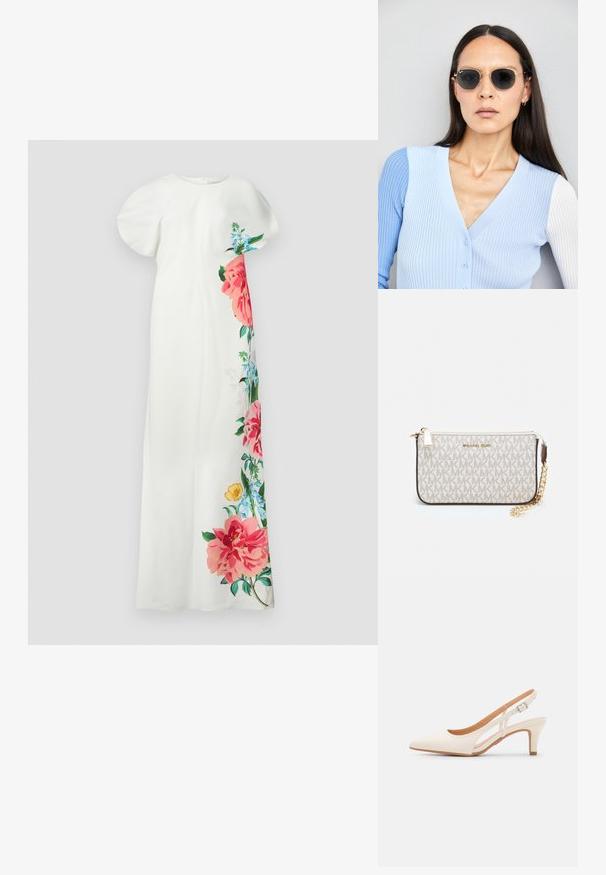 Rochie albă cu mâneci scurte, având un design floral colorat în nuanțe de roz, albastru și verde pe o parte. Material neted, formă dreaptă.; Sandaie cu toc alb, cu vârful ascuțit, material superior neted, toc mic tip bloc și design cu decupaj lateral, cu curea ajustabilă.; Ochelari de soare rotunzi cu lentile întunecate și rame aurii. Modelul poartă un cardigan ribbed de culoare albastru deschis cu nasturi și mâneci albe în contrast.; Clutch Michael Kors din canva acoperit bej, cu un model repetitiv al logo-ului MK, accesorii din aur și o curea cu lanț detașabil.