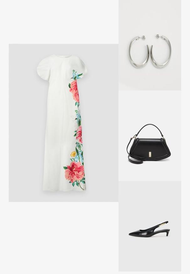Hvid blomsterkjole med korte ærmer, der har et farverigt blomsterdesign i pink, blå og grøn på den ene side. Glat stof, lige pasform.; Sorte læder slingback hæle med spids tå, der har en slank hæl og en guldfarvet detalje på den justerbare rem. Glat tekstur.; Sort læderhåndtaske med en struktureret design, der har en kortet form, tophåndtag og guld hardware-accenter. Justerbar skulderrem inkluderet.; Sølv hoops øreringe med et glat, buet design. Har en skinnende metallisk finish og studs-lukning. Ingen synlige mønstre eller accenter.