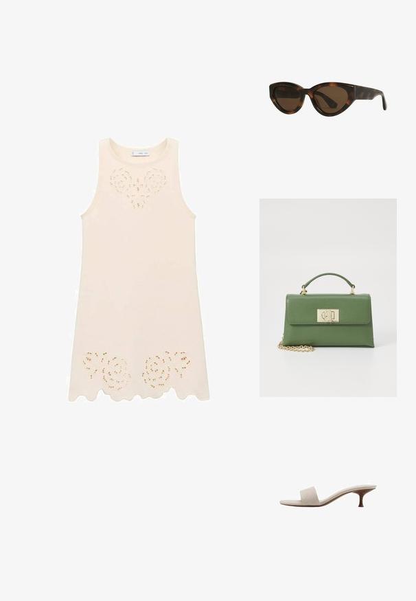 Robe sans manches crème avec un design découpé floral à la poitrine et un ourlet en plis. Fabriquée en tissu léger, texture lisse.; Sandale sans talon avec une tige en tissu tissé beige, bout ouvert et semelle intermédiaire en bois courbé. Le design présente une texture lisse et une forme minimaliste.; Lunettes de soleil en forme d'œil de chat en écaille de tortue avec des verres marron, dotées de montures en plastique lisses et brillantes et d'un design élégant. Pas de logos ou d'accent visible.; Sac à main en cuir vert au design structuré, avec des finitions en métal doré, une poignée supérieure et une bandoulière chaîne amovible. Surface texturée avec un fermoir rabat.; Pince à cheveux avec une base blanche, des accents dorés et six décorations en forme de perles. Présente des dents courbées et ondulées pour une prise sécurisée.