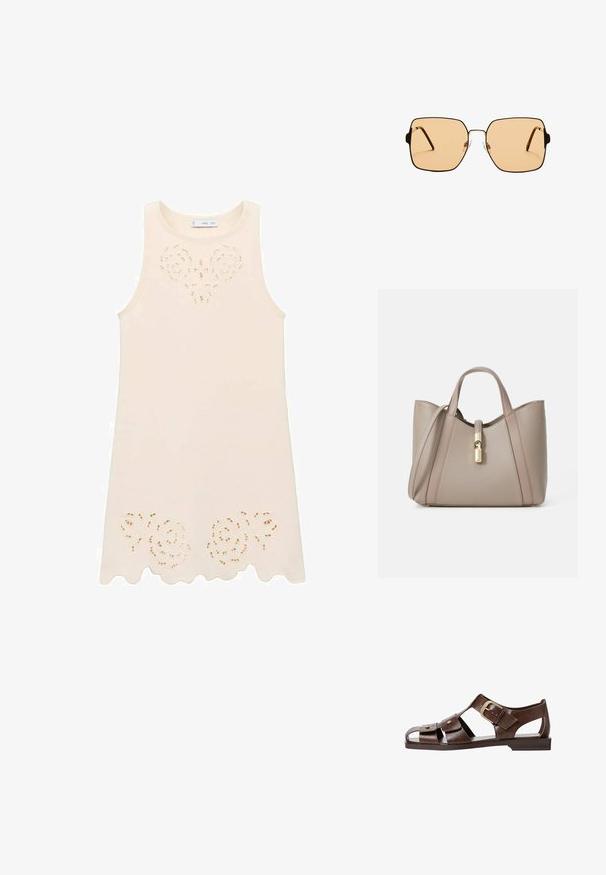 Krämsfärgad ärmlös klänning med blommig utskärning vid bröstet och scallopad fåll. Tillverkad av lättviktsmaterial med en mjuk textur.; Bruna lädersandaler med utskärning, justerbar sidspänne och platt sula, samt metallaccenter och öppen tå.; Fyrkantiga solglasögon med bruna linser och en tunn svart metallram. Har vinklade skalmar och justerbara näsdelar för ökad komfort.; Beige läder tote-väska med dubbla handtag, ett gyllene spänne och en strukturerad design med kontrasterande släta och texturerade paneler.