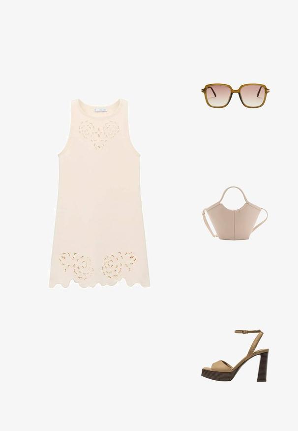 Kermainen olkaimeton mekko, jossa on kukkaleikkaussuunnittelu rinnassa ja aaltoilevat helmat. Valmistettu kevyestä kankaasta, sileä pinta.; Beige-nahkareunaiset korkokengät, joissa on leveä etuolka ja ankle strap, varustettu paksulla puukengän korolla, jossa on tekstuuripinta.; Neliön muotoiset aurinkolasit, joissa on vaalea ruskea läpikuultava materiaali, gradienttiväriset vaaleanpunaiset linssit ja tummanruskeat sankat. Minimalistinen muotoilu, johon on lisätty hienovaraisia yksityiskohtia.; Vaaleanbeige nahkainen käsilaukku, jossa on ainutlaatuinen muoto, varustettuna kahdella lyhyellä kahvalla ja yhdellä pitkällä säädettävällä hihnalla. Sujuva pinta ja vähän metalliosia.