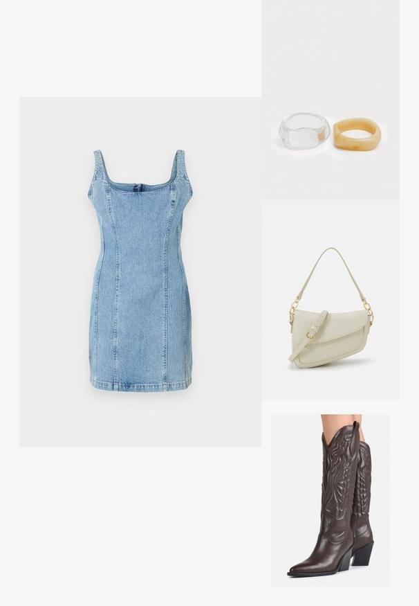 Heled denim kleit, millel on kehaeenduv siluett, ruudukujuline kaelus ja paksud rihmad. Omab vertikaalseid õmblusi ja lühikest hemmi.; Pruunid nahast cowboy saapad terava varbaga ja plokk-kandaga, millel on detailne tikand ja kergelt tõstetud aktsendid varrel.; Väike kreemjas käekott tekstureeritud viimistlusega, pikendatav rihm, ketiläbimõõt ja klapiga sulgemine. Kuldsed metalldetailid.; Selge ja merevaigu pringi, üks sile ja läbipaistev, teine tekstuurse, merevaigu viimistlusega. Mõlemad omavad ümarat, tugevat disaini.