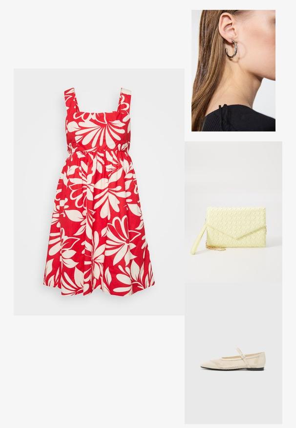 Crvena pamučna haljina s kvadratnim izrezom, širokim naramenicama i bijelim cvjetnim uzorkom. Suknja je nabrana za dodatni volumen.; Bež baletanke s izrezanim vrhom, mrežastim dizajnom preko i kopčom sa strane. Ravni potplat s glatkom teksturom.; Žuta pletena novčanica s preklopnim dizajnom, odvojivim remenom za zapešće i zlatnim lancem kao ukrasom. Glatka tekstura i pravokutni oblik.; Srebrna kružna naušnica s poliranim završetkom, koja ima male zlatne detalje i okrugli oblik, nošena na uhu.