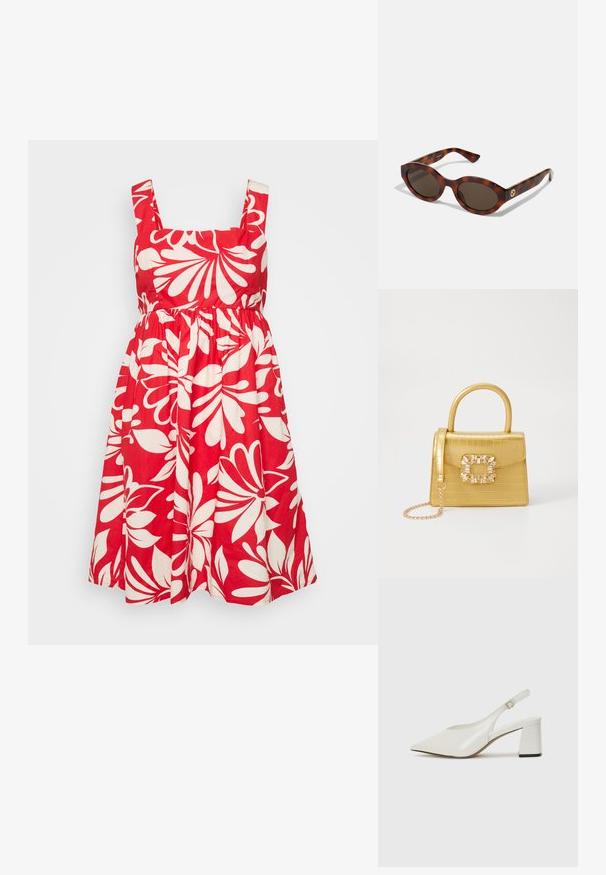 Crvena pamučna haljina s kvadratnim izrezom, širokim naramenicama i bijelim cvjetnim uzorkom. Suknja je nabrana za dodatni volumen.; Bijela sandala s potpeticom u obliku špice, napravljena od sjajnog materijala, s blok petom i podesivom remenčićem oko gležnja.; Tortna dioptrijske naočale s okruglim okvirom, tamnim sočivima i zlatnim logotipom na krakovima. Glatki plastični materijal, bez vidljivih uzoraka.; Žuta torbica od umjetnog krokodila sa strukturiranim dizajnom, gornjom ručkom, odvojivim lančićem i dekorativnim kristalnim ukrasom na kopči.