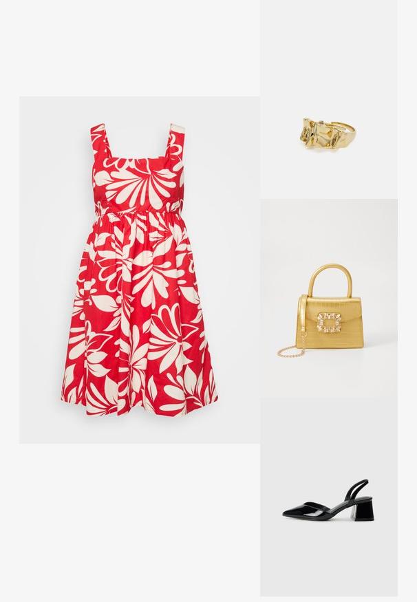 Punainen puuvillamekko, jossa on neliönmuotoinen pääntie, leveät olkaimet ja valkoinen kukkakuosi. Hame on kiristetty lisävolyymiä varten.; Mustat patentoitu nahkakengät, joissa on säären takaosa ja terävä kärki, sekä geometrinen palikkakorko. Sisältää tyylikkään, minimalistisen muotoilun ja sileän pinnan.; Keltainen keinonahkainen krokotiililaukku, jossa on jämäkkä muotoilu, yläkahva, irrotettava ketjusanka ja koristeellinen kristallikoristelu lukossa.; Kullanışlı bir ayarlanabilir yüzüğe sahip, üç belirgin zirveye sahip dokulu, dalgalı düzene sahip altın yüzük. Düzgün, parlak yüzey ve açık bant ile tasarlanmış.