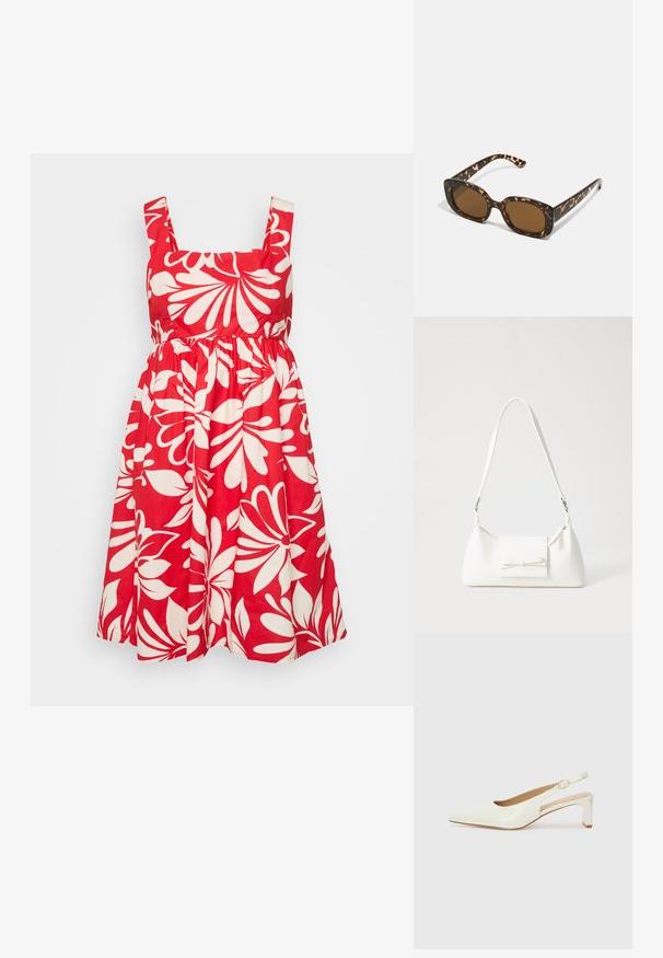 Röd bomullsklänning med fyrkantig halsringning, breda axelband och ett blommigt vitt mönster. Kjolen är veckad för extra volym.; Vit patentläder slingback-sko med spetsig tå och låg blockklack. Har en diskret rem med detalj i guldton.; Sköldpaddsmönstrade solglasögon med en rund, kraftig ram och bruna linser. Har subtila mönster och raka, avsmalnande skalmar.; Vit syntetisk handväska med triangulär form, platt framklaff och rosettdetalj, justerbar rem, slät textur och minimalistisk design.