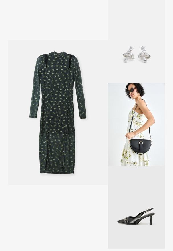 Vestido de mangas longas em tecido transparente verde escuro, com um padrão de olhos amarelo-esverdeados por toda a peça, realçado por detalhes pretos nos ombros e gola alta.; Sapato slingback preto em pele patentada com bico apontado, tiras no tornozelo apresentando fivelas e acessórios prateados, e um salto elegante.; Bolsa de couro preta com forma curva, alça destacável e detalhes em dourado. A bolsa possui uma aba com detalhe de fivela.; Brincos em tom prateado com pedras transparentes e brilhantes em várias formas, incluindo redondas e marquesas, dispostas em um design floral.