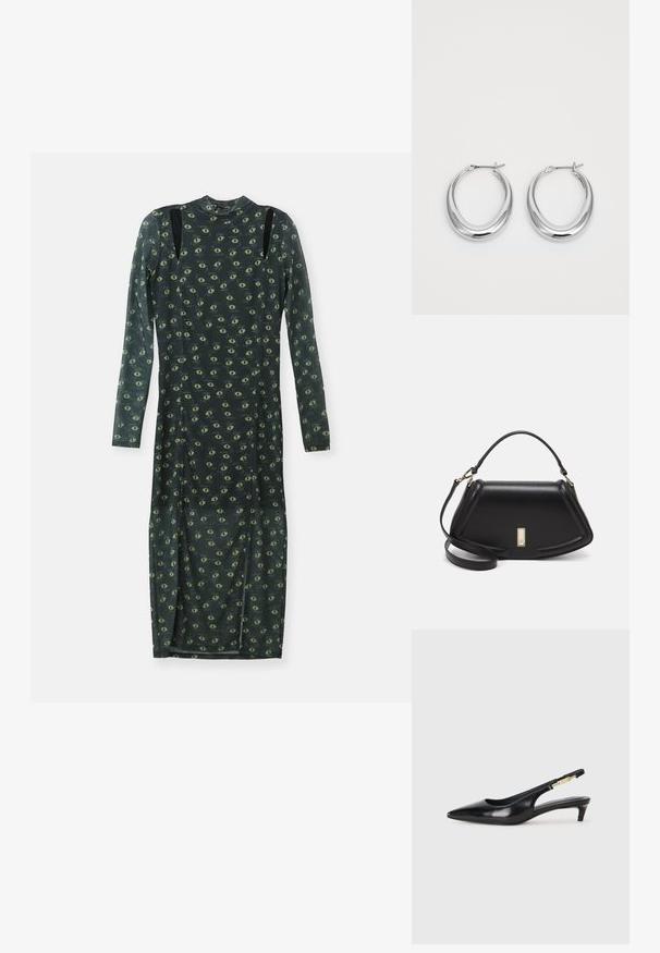Langermet kjole i mørkegrønn gjennomsiktig stoff, med et helmønster av gulgrønne øyne, svart skulderdetalj og høy hals.; Sorte lærreim hæler med spiss tå, som har en slank hæl og en gullfarget detalj på den justerbare stroppen. Glatt tekstur.; Sort lærveske med en strukturert design, som har en avkortet form, topphåndtak og detaljer i gull. Justerbar skulderstropp inkludert.; Et par polerte sølv halvmåne hoop øredobber med hengselspenner på hvit bakgrunn.