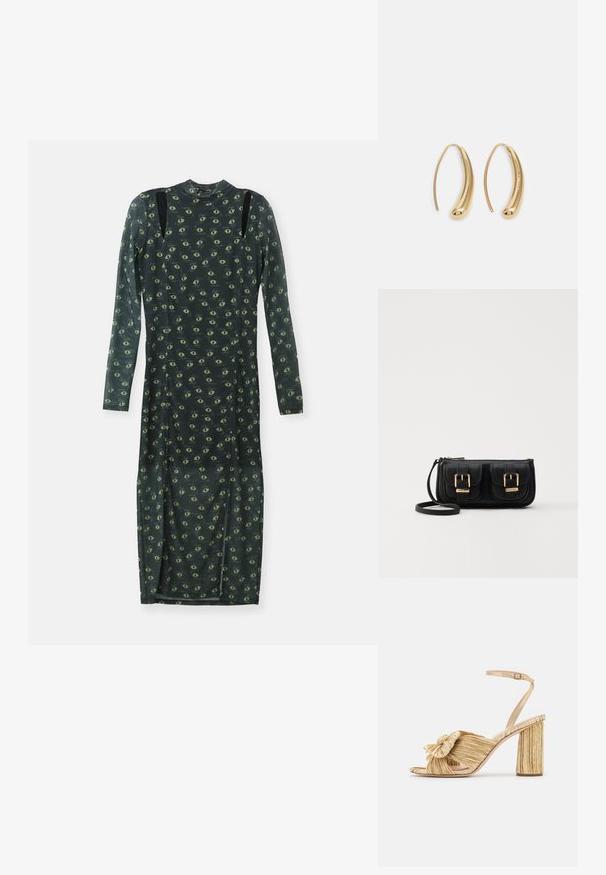 Rochie cu mâneci lungi dintr-un material transparent verde închis, cu un model uniform de ochi galben-verzui, având accente negre pe umeri și guler fals.; Sandale cu toc auriu, cu un front legat, textură plisată și curea la gleznă. Tocul bloc are un design cu nervuri, care îmbunătățește aderența.; Geantă neagră din piele, tip crossbody, cu două buzunare frontale, catarame aurii, închidere cu fermoar și o curea subțire. Suprafață texturată și formă rectangulară compactă.; Cercei din metal auriu, cu un design curbat și alungit. Au o suprafață netedă și strălucitoare, cu un vârf rotunjit pentru un detaliu suplimentar.