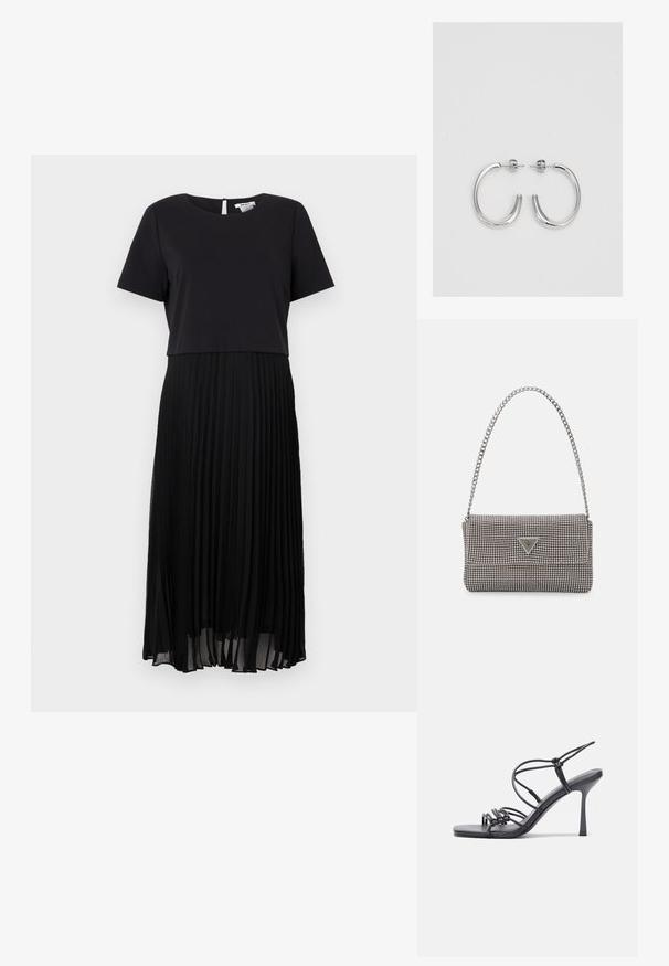 Crna haljina s kratkim rukavima i nabranim suknjom. Glatka tkanina na vrhu i teksturirani, leteći nabori ispod. Zatvaranje s ključalom rupom na leđima.; Crne sandale na visokoj potpetici imaju tanke trake s čvorastim dizajnom, glatki kvadratni vrh i elegantnu stiletto petu.; Svijetlosivi metalik ruksač s lancem, ukrašen malim okruglim metalnim zakovicama i trokutastim logotipom marke.; Srebro naušnice u obliku prstena s glatkom, sjajnom završnom obradom. Zaobljenog oblika, laganog dizajna, s kopčom na poleđini.