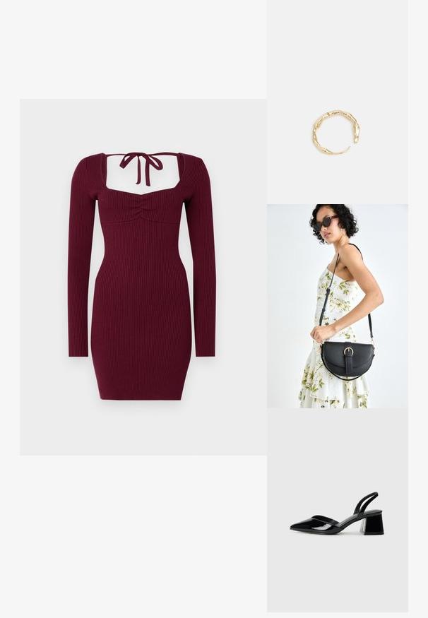 Burgundijas ribotu kleitu ar garām piedurknēm, kvadrātveida dekoltē un saitē aizmugurē; pieguļošais siluets akcentē jostasvietu.; Melna lakota āda ar atvērto papēdi, ar smailu purngalu un ģeometrisku blokpapēdi. Iezīmējas elegants, minimāls dizains un gluda tekstūra.; Melnas ādas rokassoma ar izliekta formu, noņemamu siksnu un zelta aksesuāriem. Somai ir vāciņš ar sprādzes detaļu.; Zelta toņa gredzens ar organisku, vērptu dizainu, gludu virsmu un sašaurinātiem galiem, radot mūsdienīgu, skulpturālu izskatu.