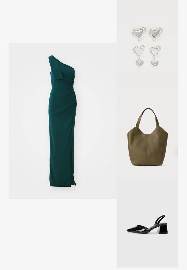 Rochie lungă verde smarald, cu o singură umăr, cu un design pliat și o fendelă pe lateral. Realizată dintr-un material fin, având un corset ajustat și o fustă fluidă.; Pantofi cu toc slingback din piele lacuită neagră, cu vârf ascuțit și toc geometric. Prezintă un design elegant, minimalist și o textură netedă.; Geantă tote din piele verde măslinie cu două mânere, textură netedă și design din patru panouri. Cusături întărite pe margini pentru durabilitate.; Cerceii în formă de inimă argintie sunt decorați cu pietre clare fațetate, având un cadru texturat. Setul include stiluri cu buton și cu pandantiv.