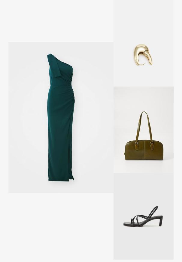 Suknia w kolorze szmaragdowym z jednym ramiączkiem, długa, z zaszewkami i bocznym rozcięciem. Wykonana z gładkiego materiału, posiada dopasowaną górę i zwiewny dół.; Czarne sandały na obcasie z prostokątnym noskiem i niskim słupkowym obcasem. Posiadają wiele cienkich pasków i regulowany pasek na kostkę. Wykonane z gładkiej skóry.; Oliwkowa skórzana torebka w zaokrąglonym kształcie, z podwójnymi uchwytami i gładkim przodem. Posiada gładką teksturę i subtelne detale w postaci szwów.; Złote metalowe kolczyki o eleganckim, zakrzywionym kształcie. Posiadają charakterystyczny szpiczasty kształt, polerowaną powierzchnię oraz zapięcie na zawias.